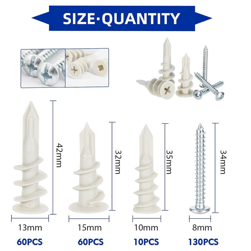 BUSY-CORNER 260 PCS Self Drilling Drywall Anchors, 3 Sizes Nylon Plastic Wall Anchors with Screws for Drywall, No Pre Drill Hole Preparation Required, 10x35mm, 13x42mm, 15x32mm - Image 2